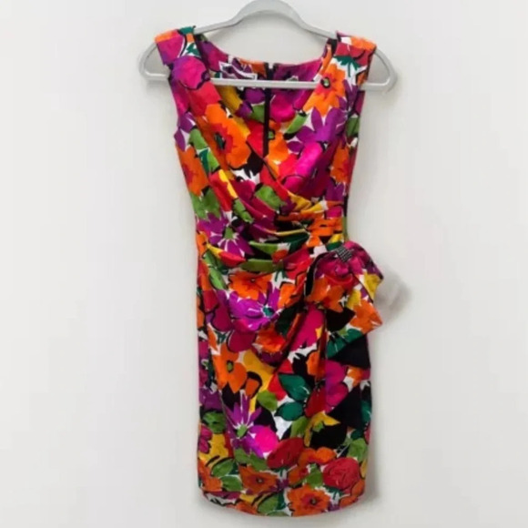 Vintage 80s/90s 100% Silk A.J. Bari Multicolor Floral Bow Ruched Mini Dress Sz 2 - Picture 2 of 11